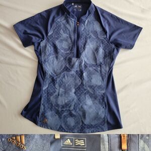 M ADIDAS blue floral sup half zip active athleisure wicking shirt top MEDIUM